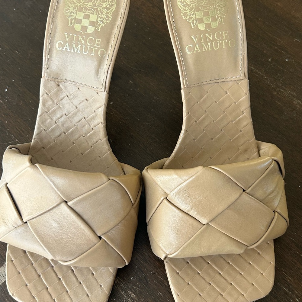Vince Camuto Beige Woven Leather Slide Sandals